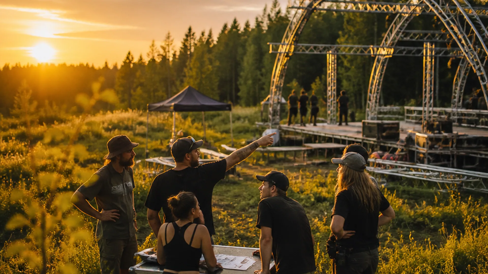 A festival crowd silhouetted against an illuminated forest at twilight